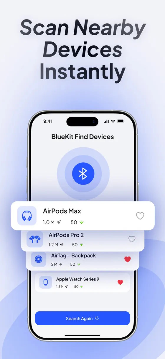 BlueKit scanning nearby devices such as AirPods Max, AirPods Pro 2, an AirTag and an Apple Watch