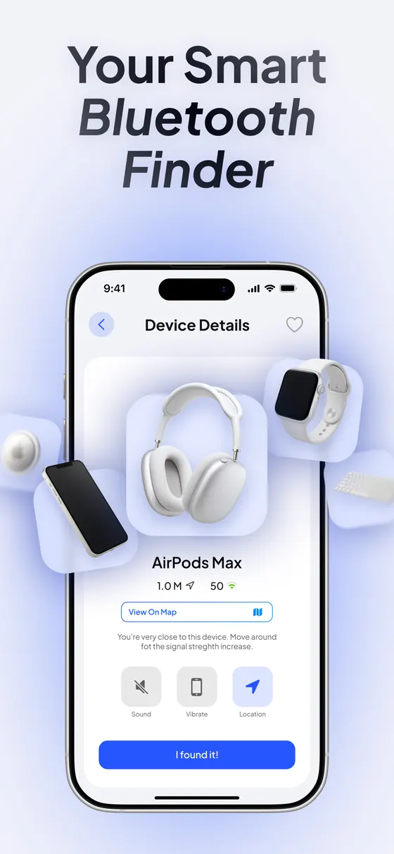 BlueKit device details with distance, signal strength and sound, vibration and location alerts